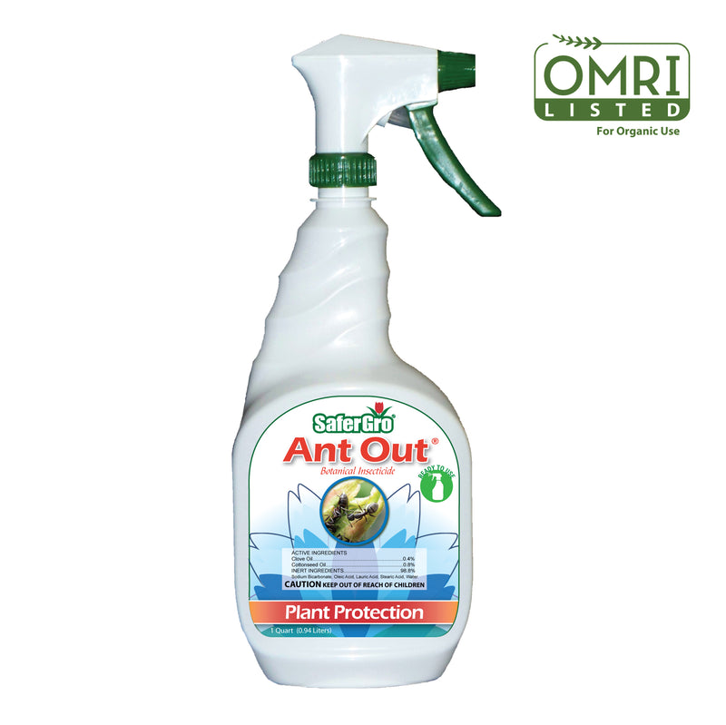 A bottle of SaferGro Online Store's Ant Out® Ready-to-Use Bottle, a botanical pesticide and ant killer, for organic food production.