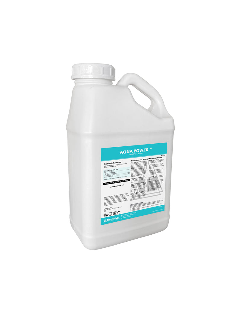A gallon of Aqua Power™ 5-1-1 | Organic Fish Fertilizer by JH Biotech Inc. on a white background, containing slow-release nitrogen - a powerful liquid plant nutrient.