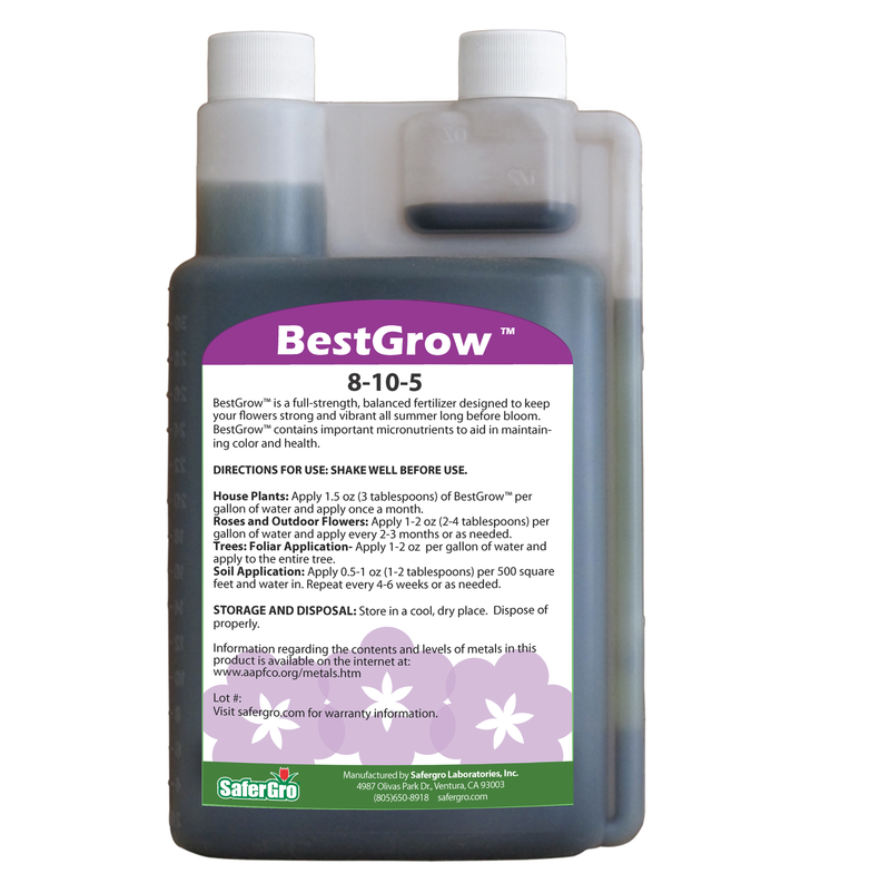 A bottle of BestGrow™ 8-10-5 Flower Maintenance Fertilizer by SaferGro, available at the SaferGro Online Store.