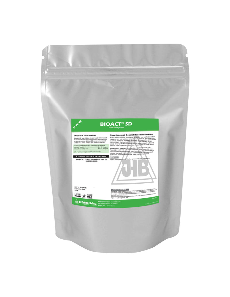 A bag of OMRI-certified teton powder, enhanced with BioAct® SD Stubble Digester from JH Biotech Inc., on a white background.