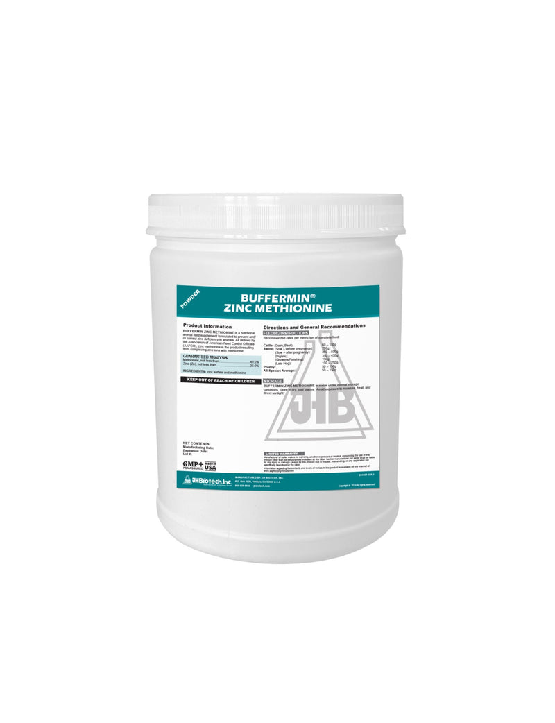 A white container with a label for the animal feed supplement Buffermin® Zinc Methionine 20% | Amino Acids Chelated Zinc | JH Biotech Inc., manufactured by JH Biotech Inc.