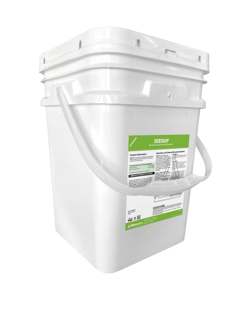 A SeedUp™ | Microbial Inoculant for Seed Treatment by JH Biotech Inc. white bucket for seed germination on a white background.