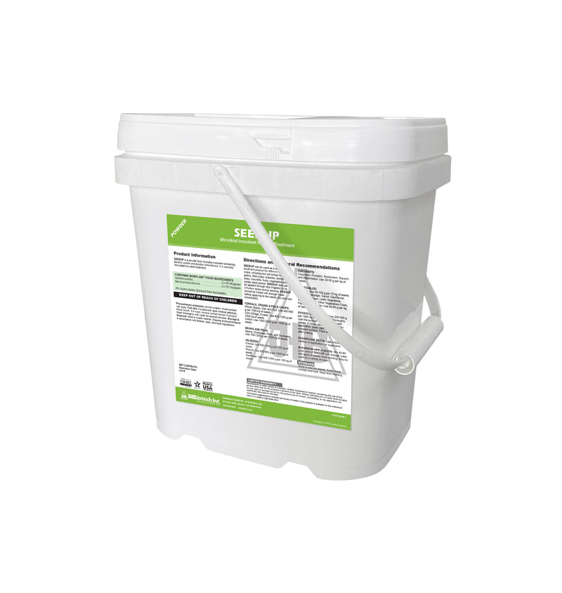 A white SeedUp™ bucket with a lid on it, perfect for root treatment or seed germination by JH Biotech Inc.