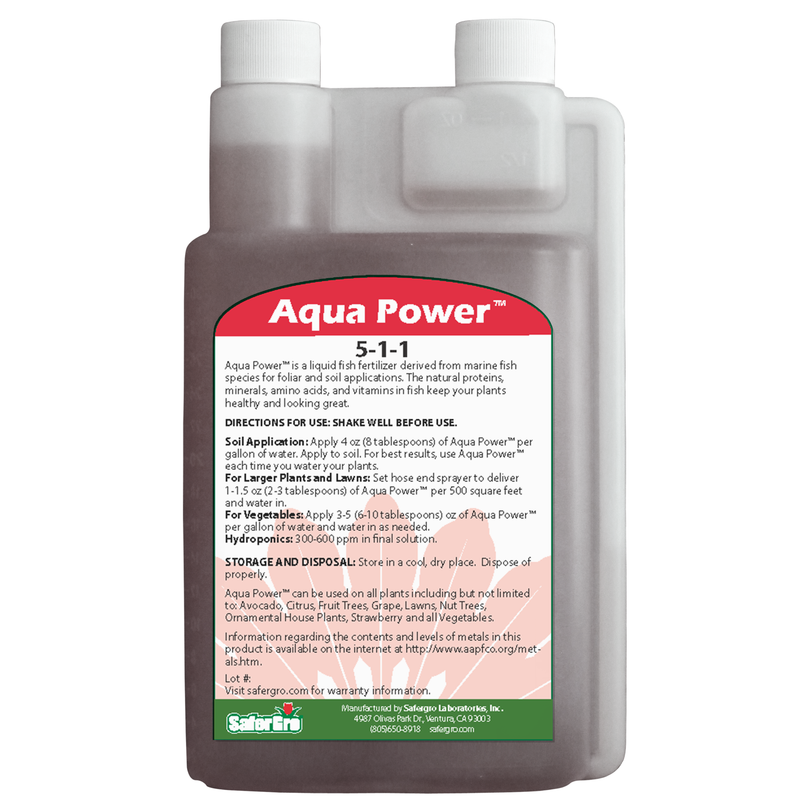 A bottle of Aqua Power™, a liquid fish formula renowned for its OMRI certification, from the SaferGro Online Store.