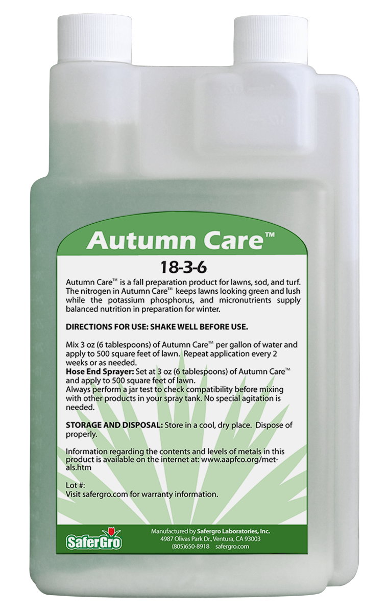 A bottle of Autumn Care™ 18-3-6, perfect for fall prep, available at the SaferGro Online Store.