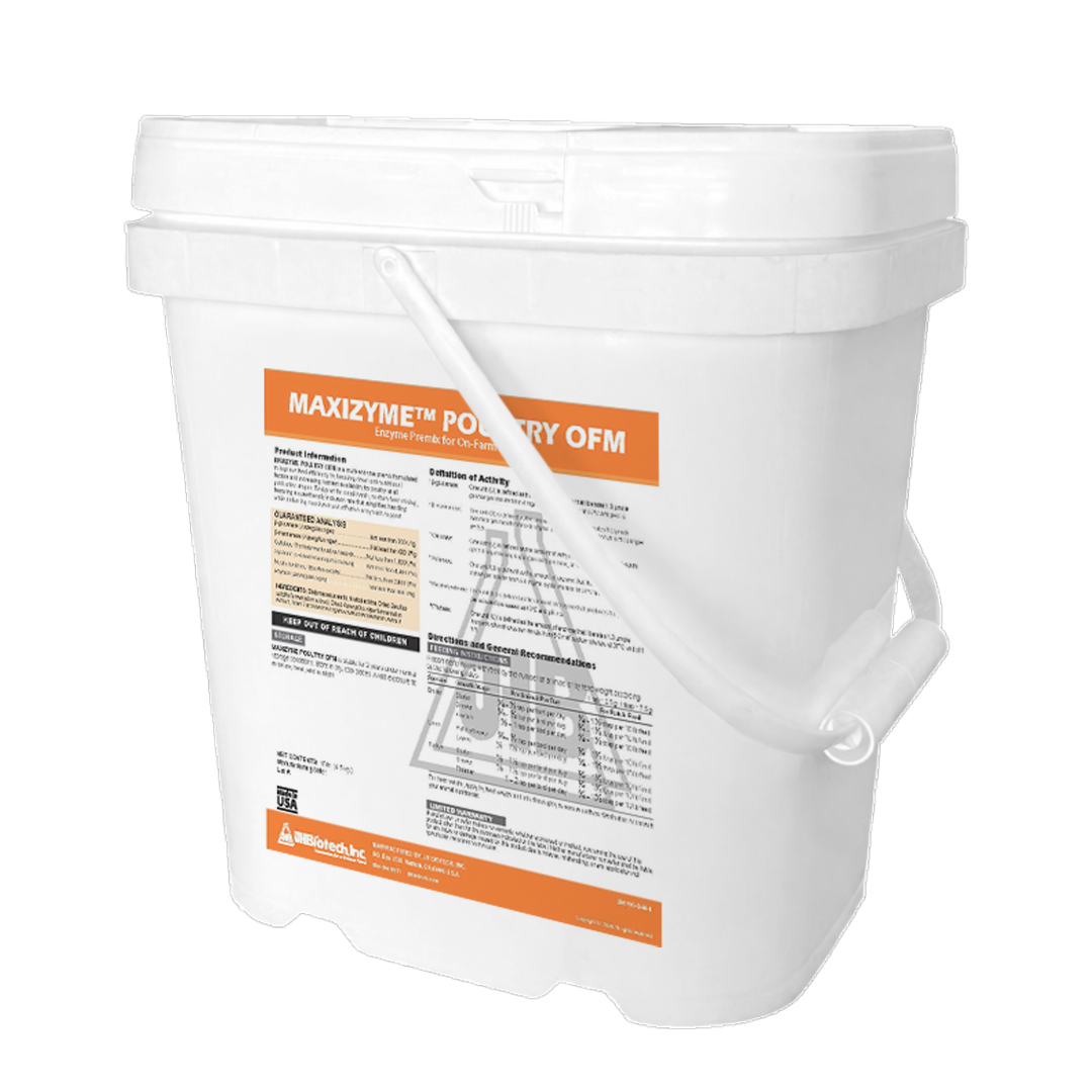 White bucket with a label for Maxizyme Pottery OFM on a white background