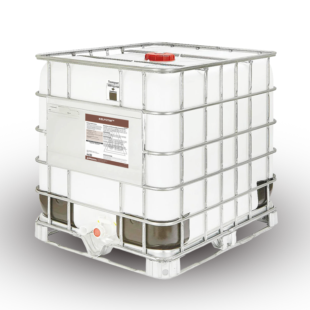Large industrial storage container with a metal cage on a white background
