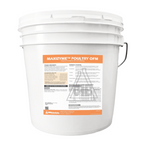White bucket with a label for Maxizyme Poultry OFM on a white background