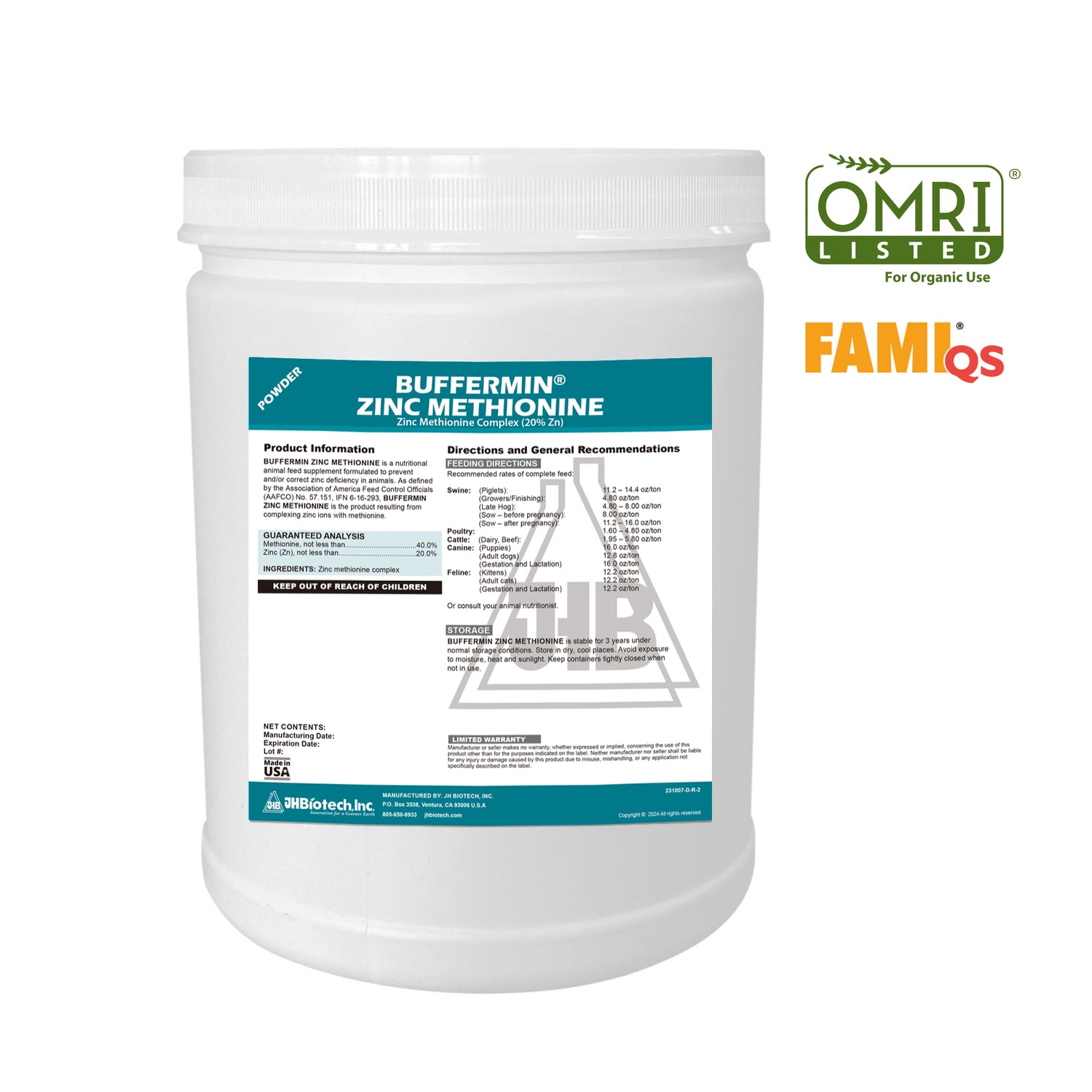 Buffermin® Zinc Metionina 20% | Aminoácidos Quelados con Zinc para Suplemento Animal | JH Biotech Inc.