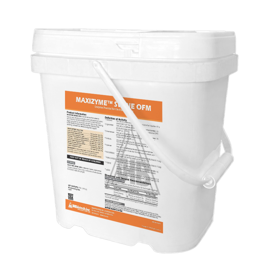White bucket with a label for Maxizyme STINE OFM on a white background