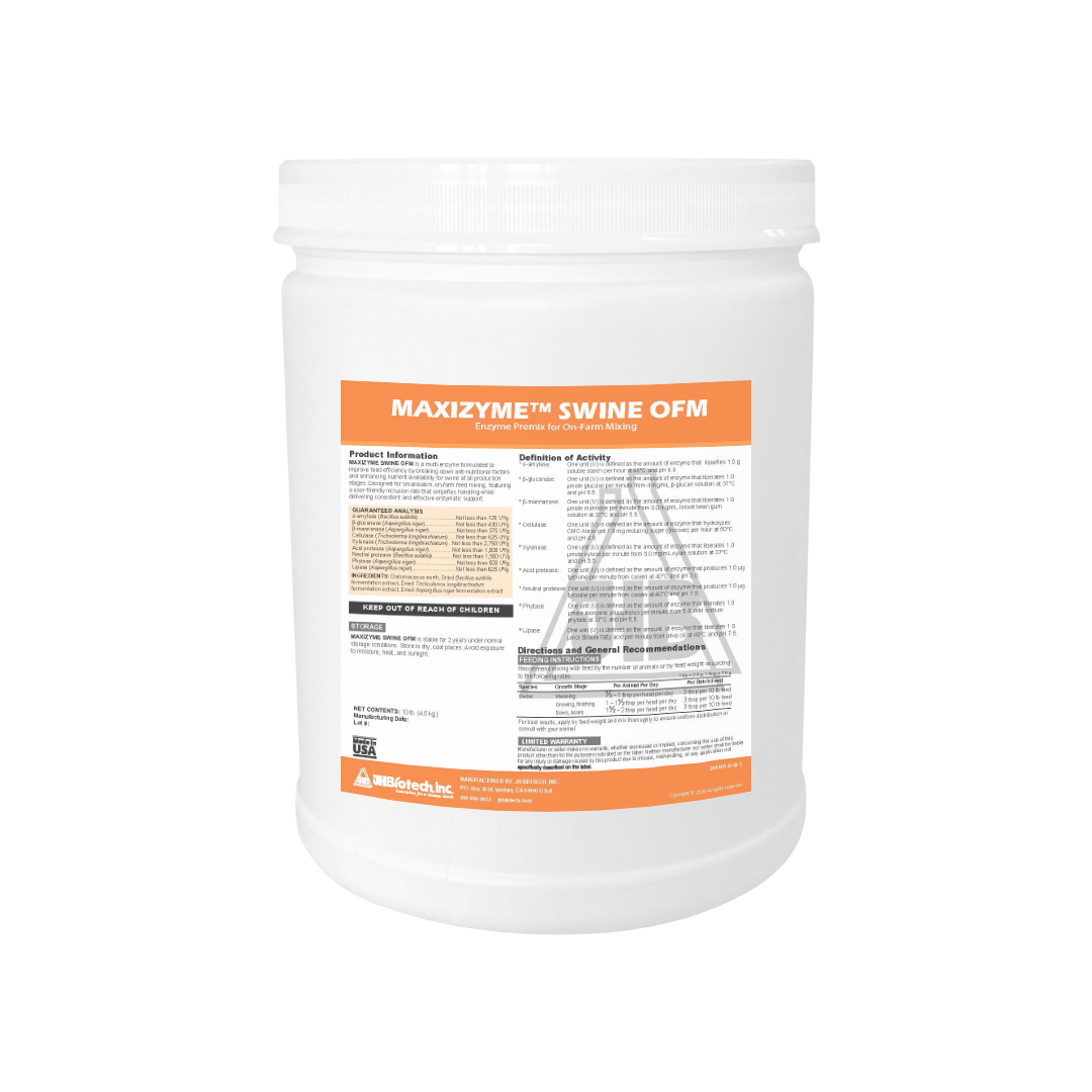 Container of Maxizyme Swine OFM with label on a white background
