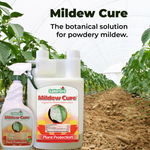 SaferGro Mildew Cure botanical solution for powdery mildew with a farm background