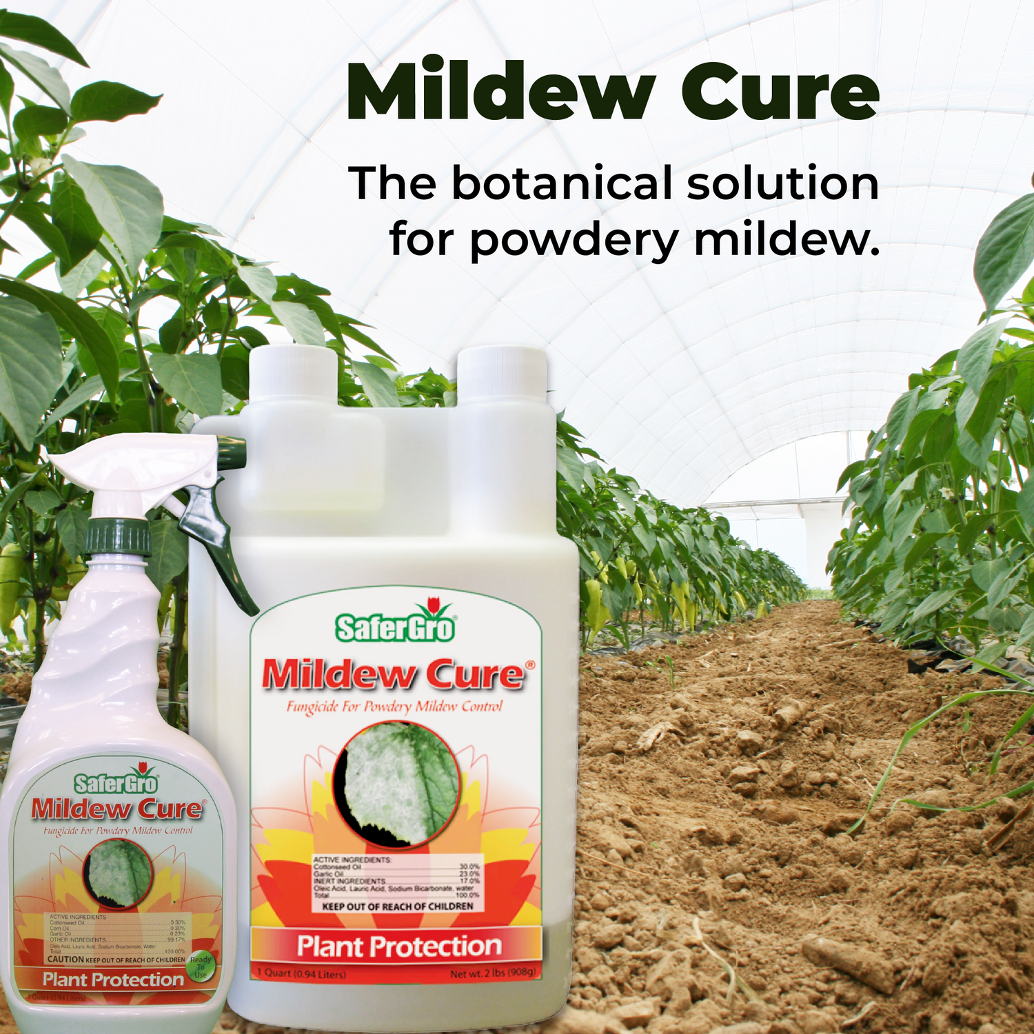 SaferGro Mildew Cure botanical solution for powdery mildew with a farm background