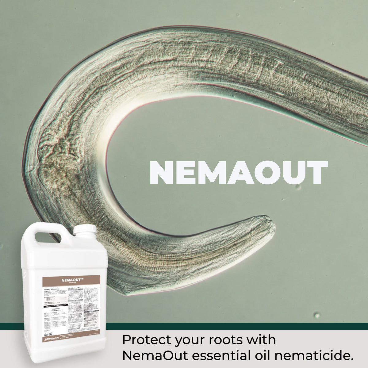 NemaOut nematocide product with a large nematode illustration on a green background