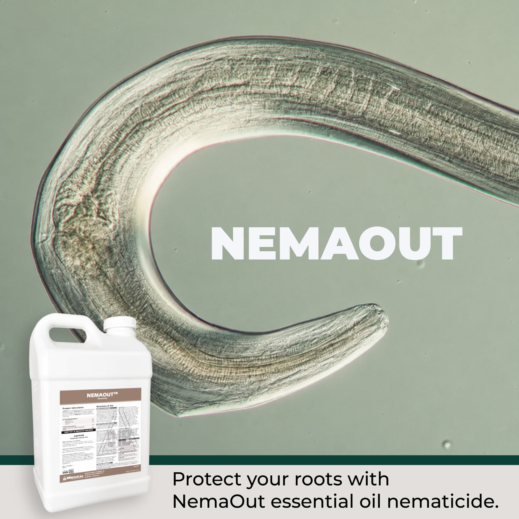 NemaOut nematocide product with a large nematode illustration on a green background