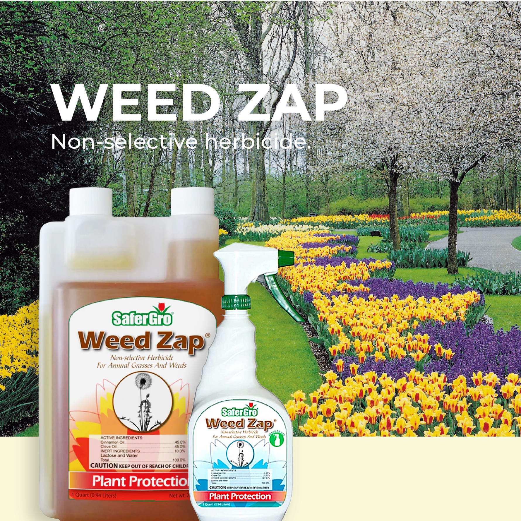 Weed Zap herbicide bottles with a garden background