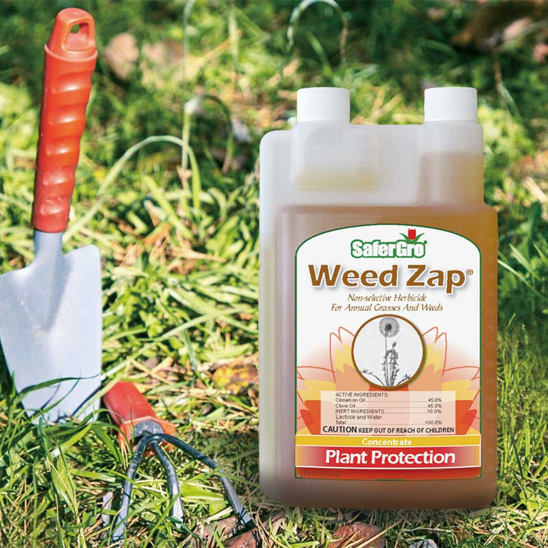 Gardener prepares bottle of Weed Zap to clear backyard weeds