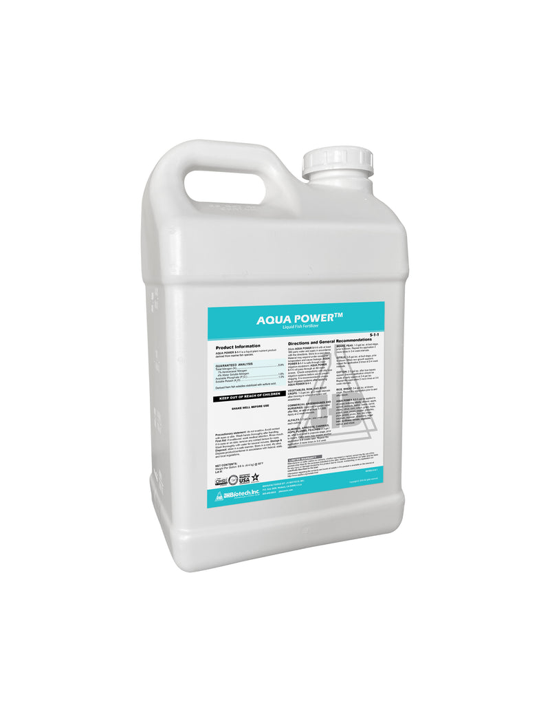 A gallon of Aqua Power™ 5-1-1 | Organic Fish Fertilizer by JH Biotech Inc. on a white background.