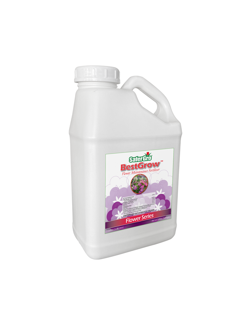 A gallon of BestGrow™ 8-10-5 Flower Maintenance Fertilizer by SaferGro on a white background.