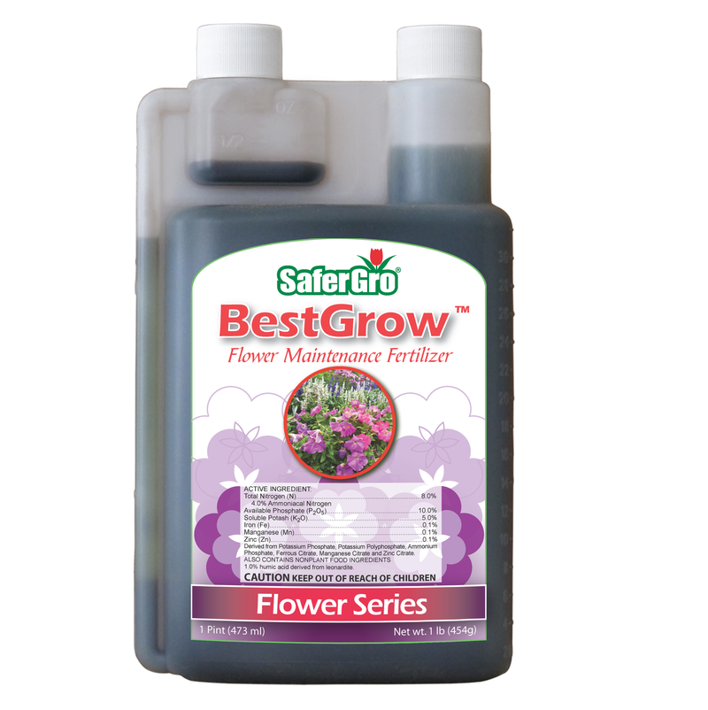 A bottle of BestGrow™ 8-10-5 Flower Maintenance Fertilizer, a superior liquid fertilizer from the SaferGro Online Store.