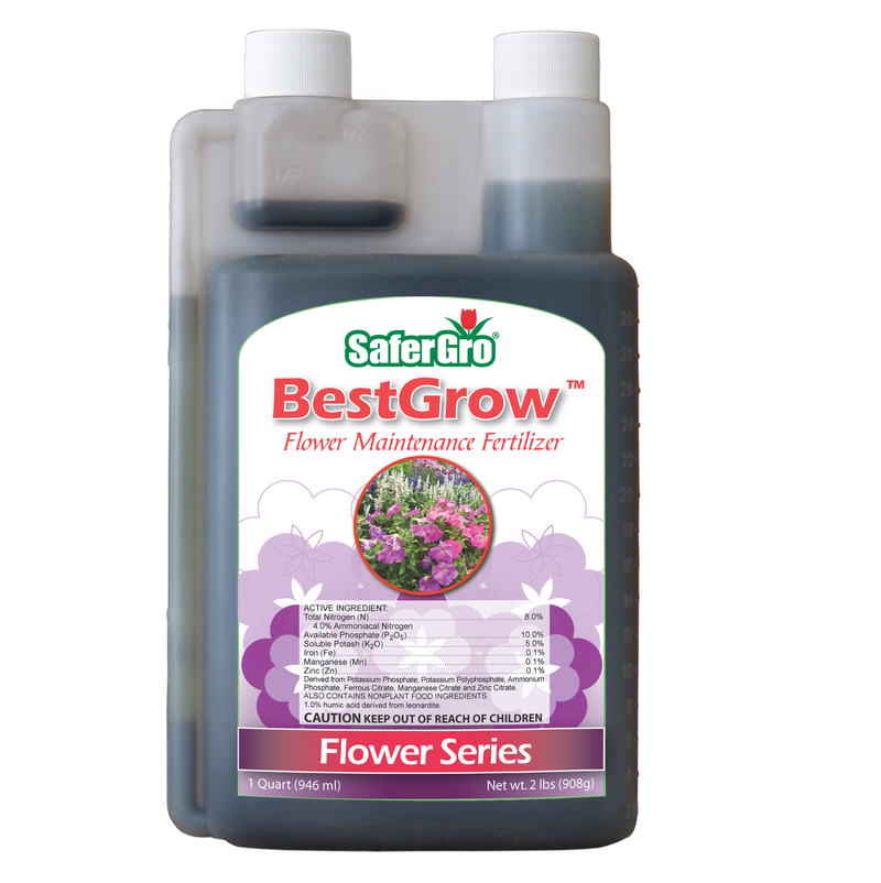 A bottle of SaferGro Online Store's BestGrow™ 8-10-5 Flower Maintenance Fertilizer, the ultimate liquid fertilizer for optimum flower growth.