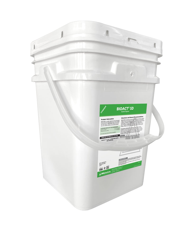 A BioAct® SD | Stubble Digester | JH Biotech Inc. bucket on a white background emphasizing its OMRI certification for organic decomposition.