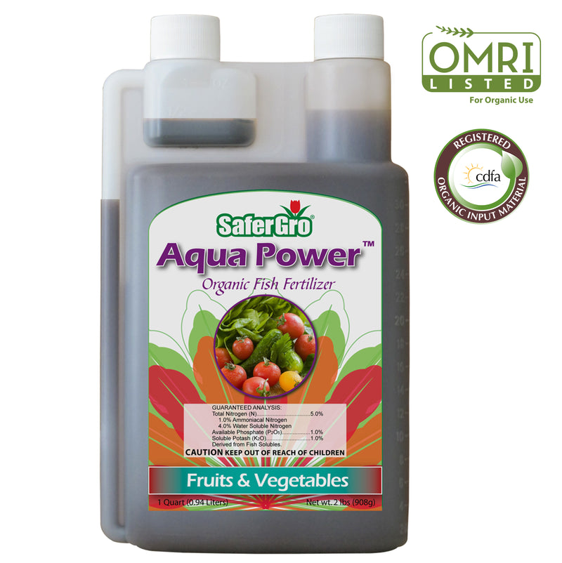 A bottle of Aqua Power™, a powerful liquid fish formula, with fruit and vegetables on it from the SaferGro Online Store.